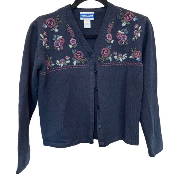 Pendleton Cardigan Sweater Womens Small Dark Blue Embroidered Flowers - Picture 1 of 6